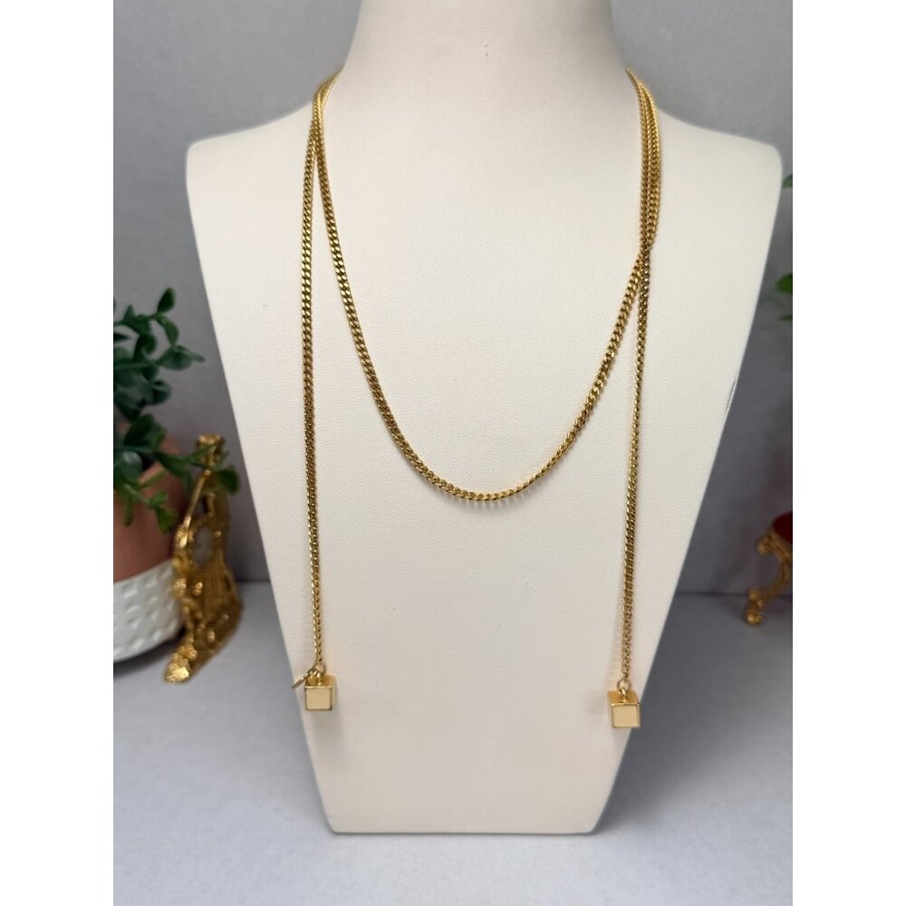 MONET Lariat Necklace Gold Tone Beige Enamel Cube Modern Chic +30"